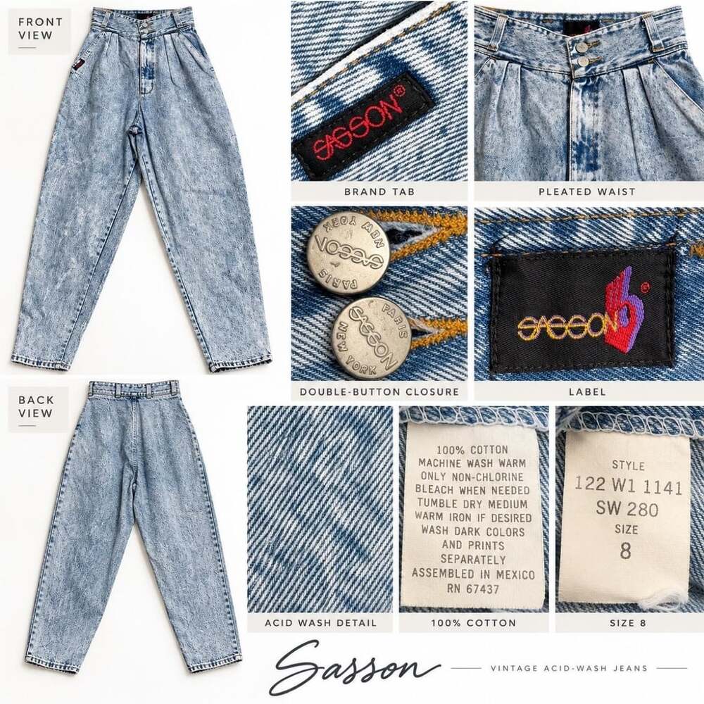 Sasson Acid-Wash High-Rise Jeans Size 8 Pleated Tapered Mom Denim